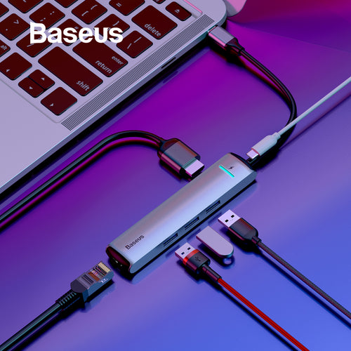 Baseus 6 Ports USB Type C To 3.0 USB C HUB for MacBook Pro LED USB HUB RJ45 HDMI for Samsung S8 S9 Huawei P20 Mate 20 Type C HUB