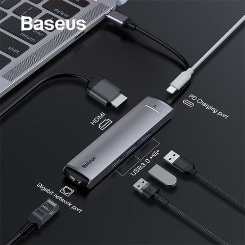 Baseus 6in1 HUB Adapter USB Type C to USB 3.0 HDMI RJ45 for MacBook Pro HUB USB Splitter for Huawei Matebook Computer Accessory